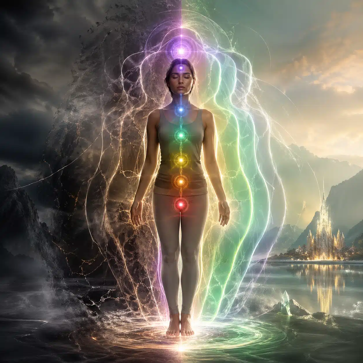 Illustration de l’énergie multidimensionnelle avec silhouette humaine, chakras alignés, corps énergétique subtil et lumière spirituelle symbolisant l’harmonisation intérieure.
