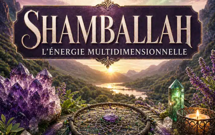 Image principale illustrant le Shamballah et l’énergie multidimensionnelle avec lumière verte de guérison énergétique et ambiance spirituelle.