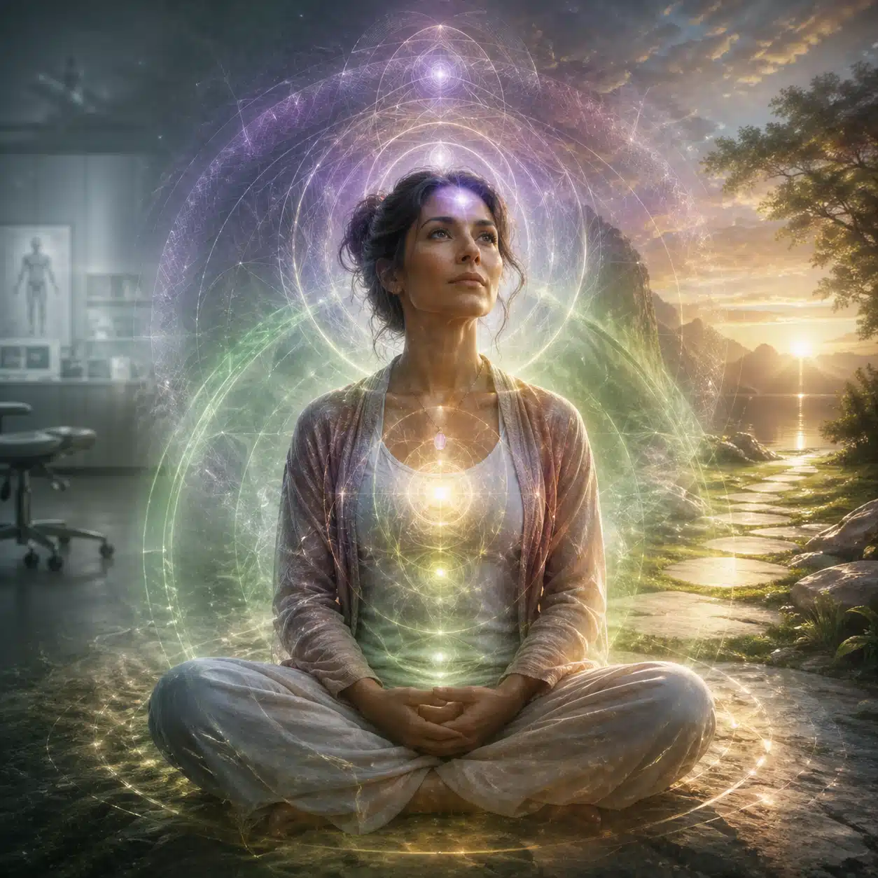 Femme méditant entourée d’une aura lumineuse, symbole du Shamballah, de l’énergie multidimensionnelle, de l’intuition et de l’harmonie intérieure.