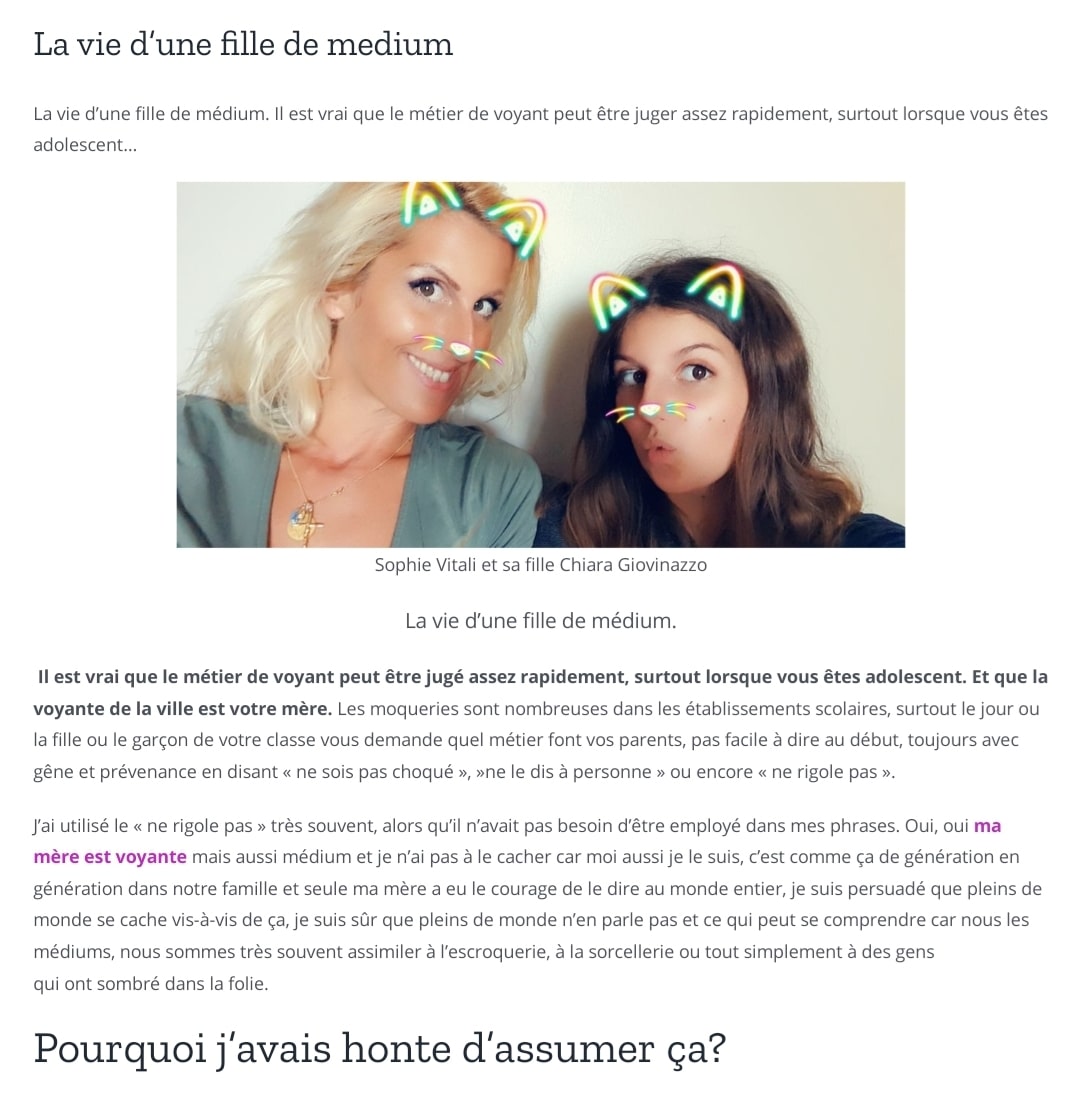 Sophie Vitali et sa fille Chiara Giovinazzo auteure de l'article: La vie d'une fille de médium.