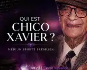 Portrait de Chico Xavier, médium spirite brésilien, sur une image mystique signée Infinita Corse Voyance