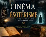 Affiche illustrant le cinéma et l’ésotérisme avec projecteur ancien, symboles occultes, tarot, rituels, maisons hantées et films paranormaux.