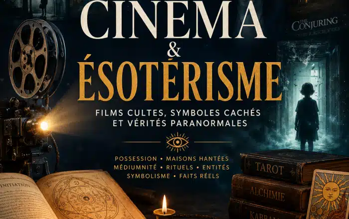 Affiche illustrant le cinéma et l’ésotérisme avec projecteur ancien, symboles occultes, tarot, rituels, maisons hantées et films paranormaux.