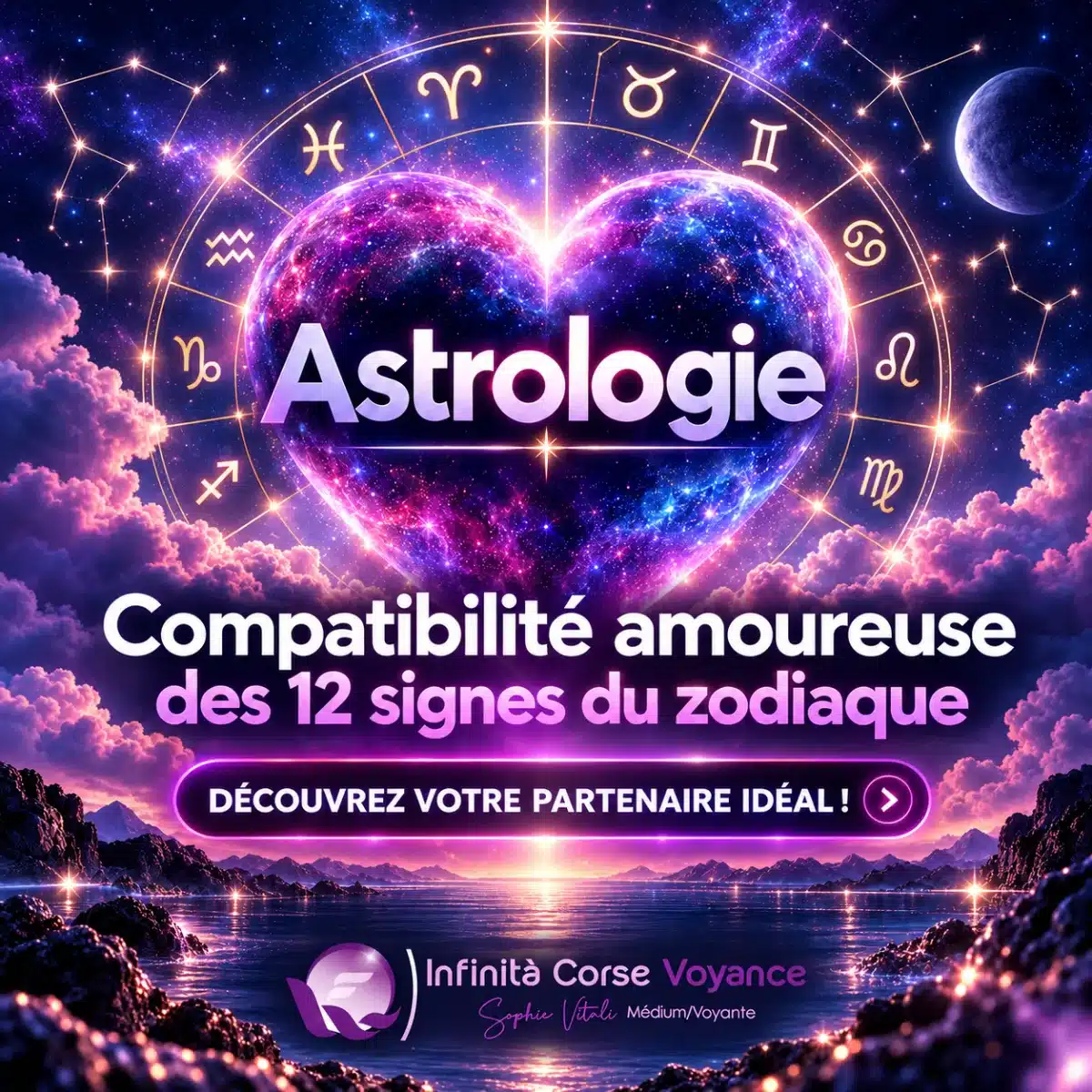 Compatibilité amoureuse des 12 signes astrologiques : cœur cosmique entouré de la roue du zodiaque, découvrez votre partenaire idéal avec Sophie Vitali, Infinità Corse Voyance