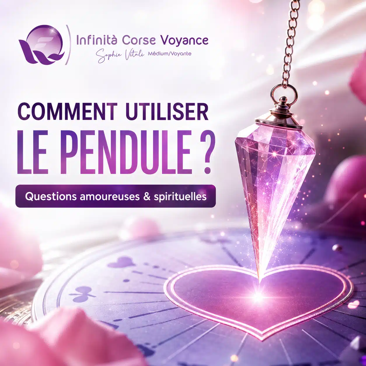 Pendule divinatoire en cristal rose au-dessus d’un cœur avec le titre Comment utiliser le pendule ? Questions amoureuses et spirituelles