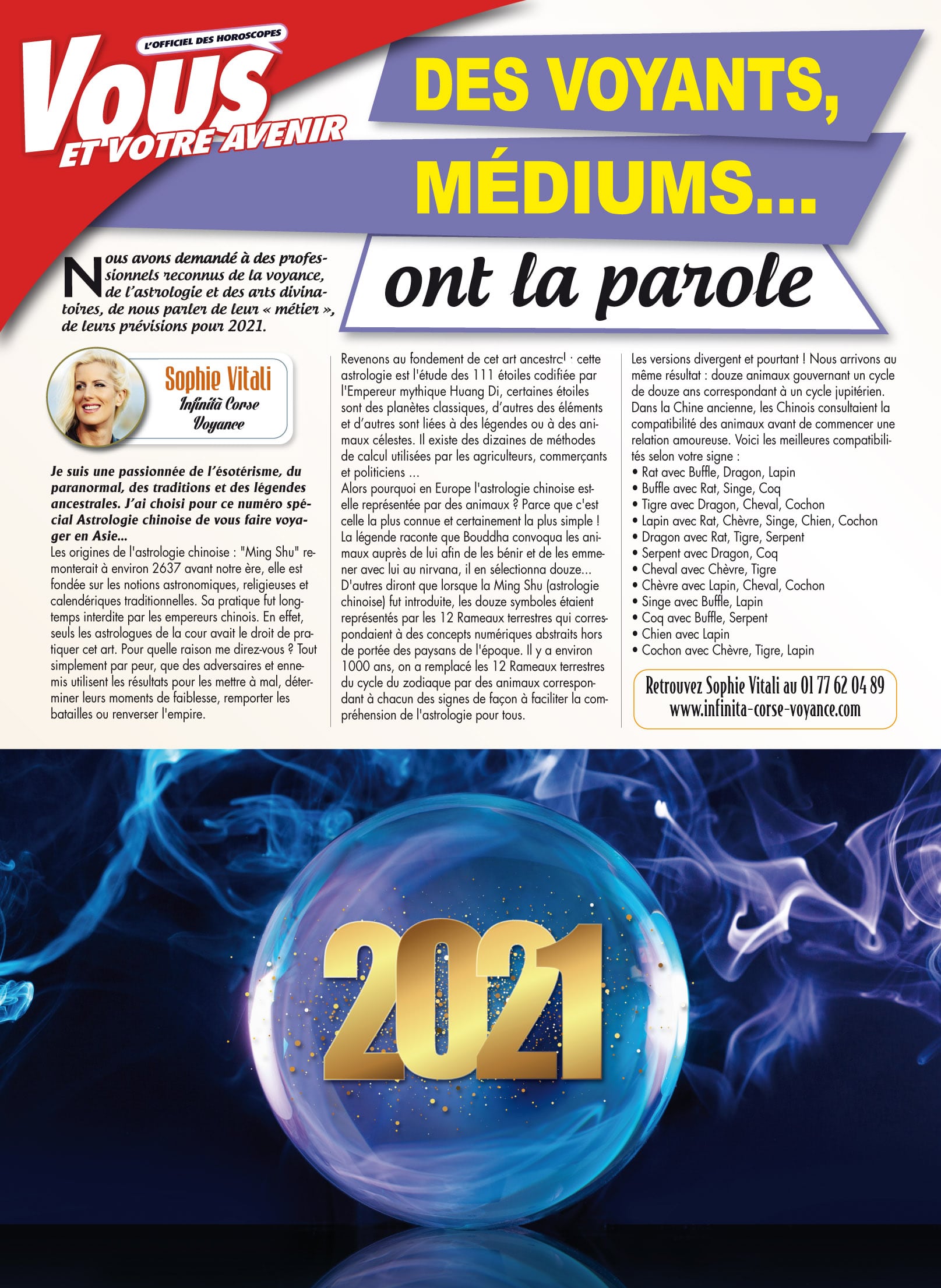 Sophie Vitali médium article sur l'astrologie chinoise dans le magazine Vous et votre avenir janvier 2021