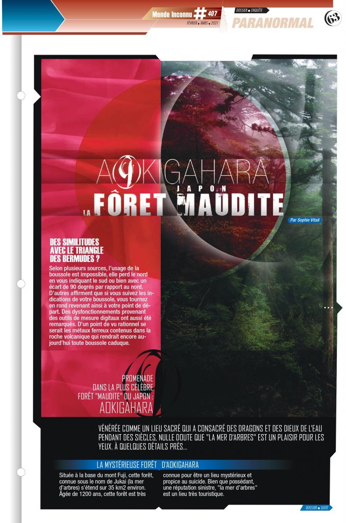 La forêt maudite d'Aokigahara par Sophie Vitali pour le magazine "Monde Inconnu" février 2021.