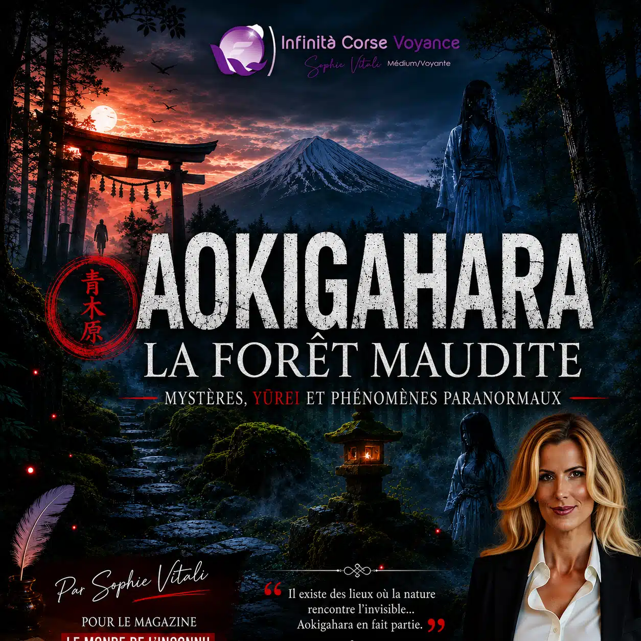 Forêt d’Aokigahara au Japon avec Yūrei, mont Fuji et Sophie Vitali pour un article paranormal