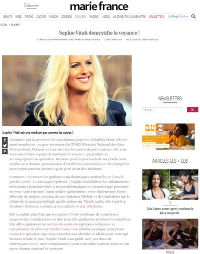 Sophie Vitali médium et voyante corse dans le magazine Marie France Mars 2021