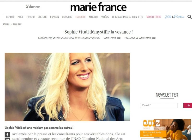 Sophie Vitali médium et voyante par téléphone à Ajaccio dans le magazine Marie France