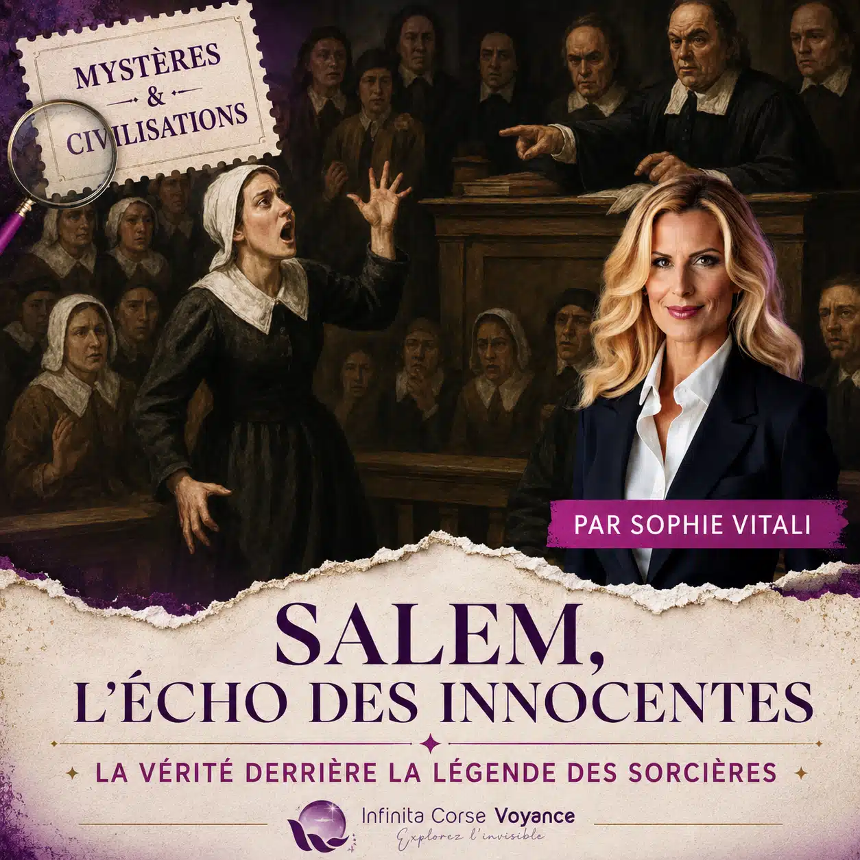 Procès des sorcières de Salem en 1692 avec une femme accusée devant les juges, présenté par Sophie Vitali