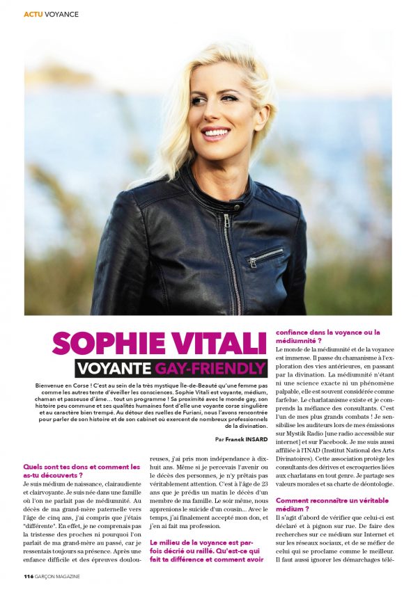 Sophie Vitali médium et voyante corse en interview dans le magazine “Garçon Magazine” Sophie Vitali médium et voyante corse en interview dans le magazine "Garçon Magazine"