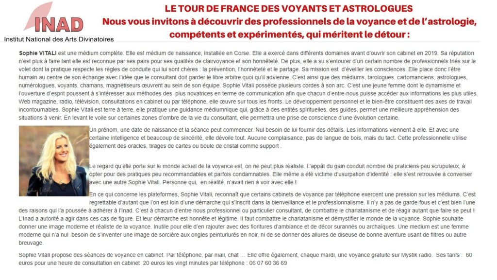 Voyance discount avec le tour de France des voyants et astrologue de l'INAD : Sophie Vitali médium