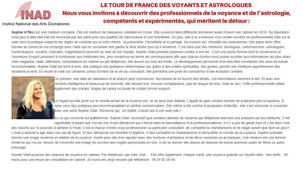 Voyance sérieuse en ligne avec le tour de France des voyants et astrologue de l'INAD : Sophie Vitali médium