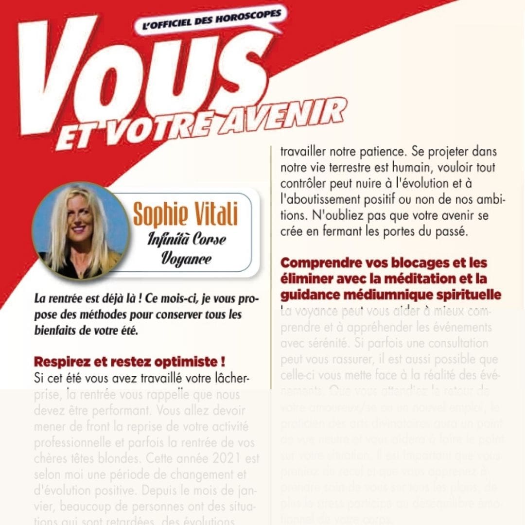 Sophie Vitali vous invite à être positif dans le magazine Vous et votre avenir de septembre 2021.