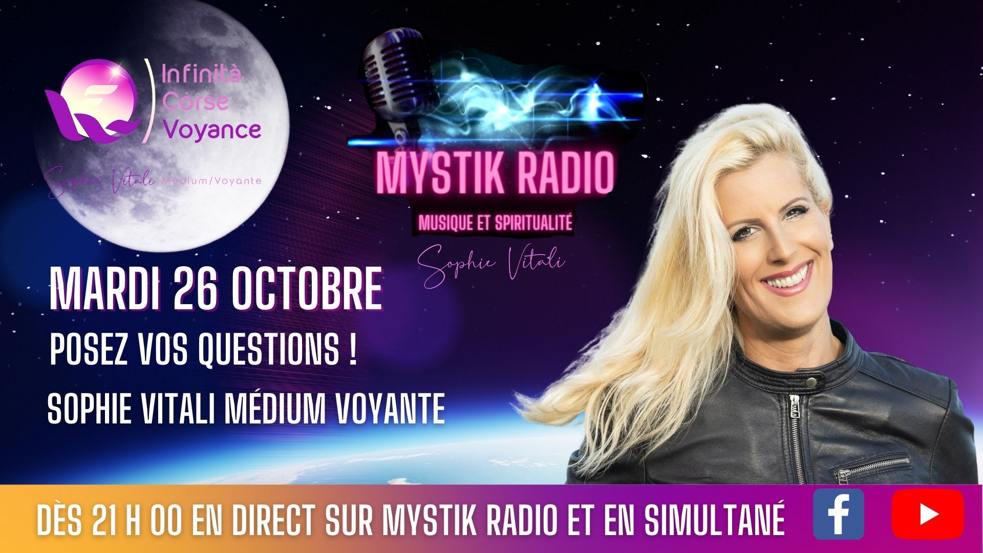 Sophie Vitali répond à vos questions en direct sur Mystik Radio le 26 octobre 2021 dès 21 h 00