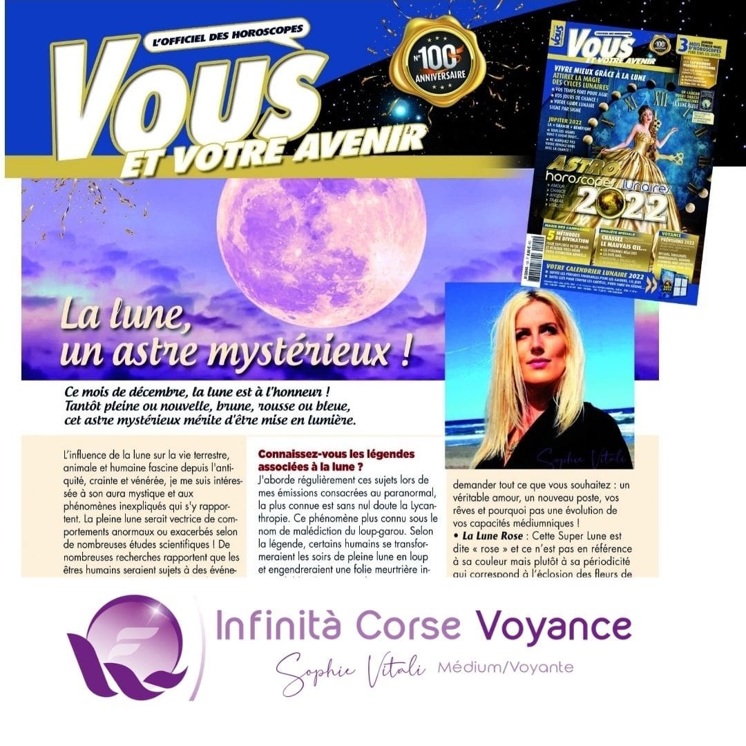 Retrouvez Sophie Vitali célèbre médium dans le nouveau numéro du magazine Vous et votre avenir de décembre spécial calendrier lunaire.