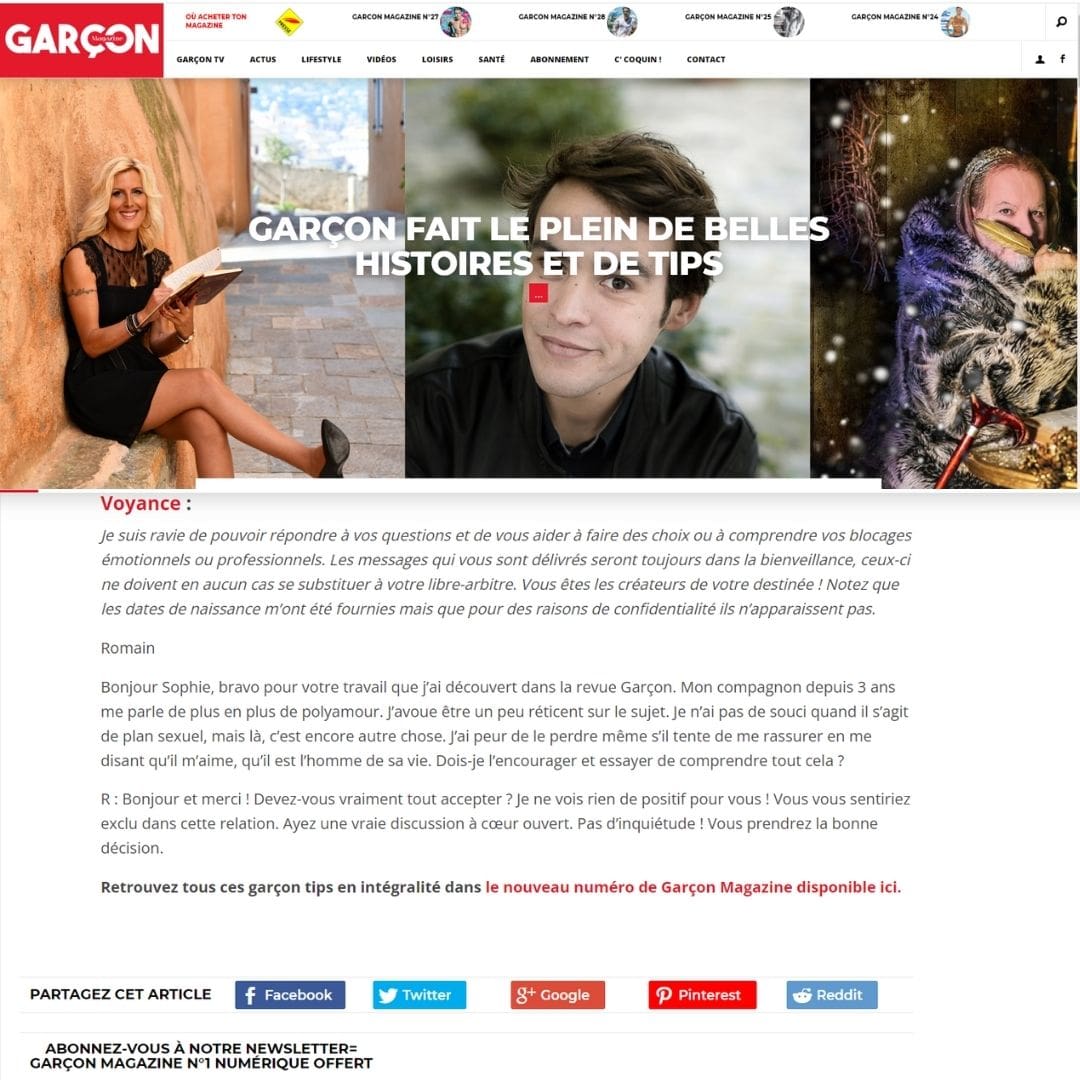 Garçon Magazine : Sophie Vitali célèbre médium répond au courrier des lecteurs décembre 2021