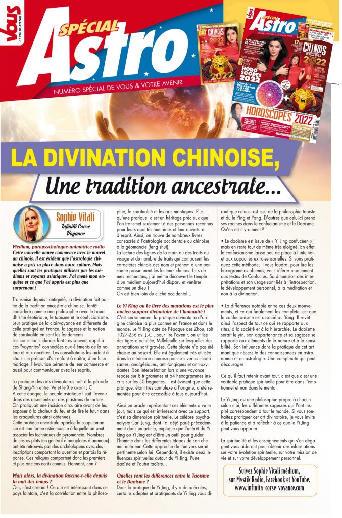 Vous et votre avenir Magazine : Les arts divinatoires et la Chine tout un programme ! par Sophie Vitali célèbre médium et auteure