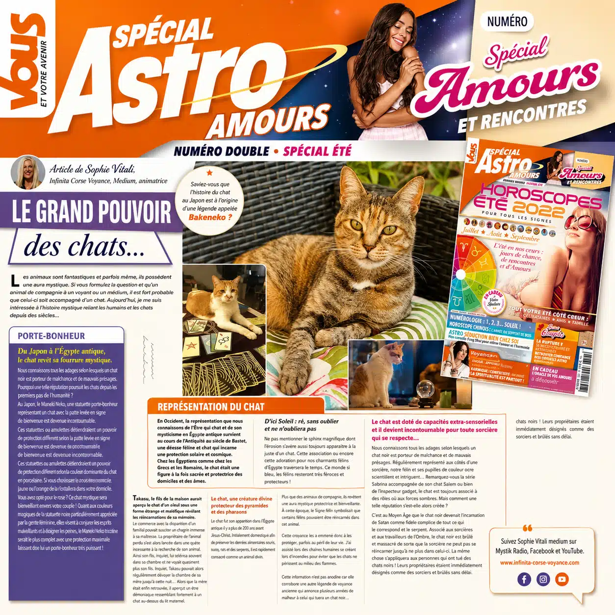 Article de Sophie Vitali sur le pouvoir spirituel des chats, publié dans Vous et votre avenir Magazine