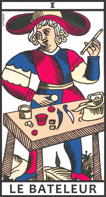 Carte du Bateleur – Arcane I du Tarot de Marseille Le Bateleur, première carte des arcanes majeurs du Tarot de Marseille, représentant un jeune homme en action devant sa table d’outils symboliques