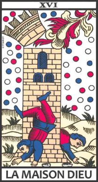 La Maison Dieu, également appelée La Tour ou La Tour Foudroyée dans certains tarots, est le seizième arcane majeur du Tarot de Marseille, numérotée avec le chiffre XVI. C'est une carte de bouleversement et de libération qui annonce souvent une période de changement intense.