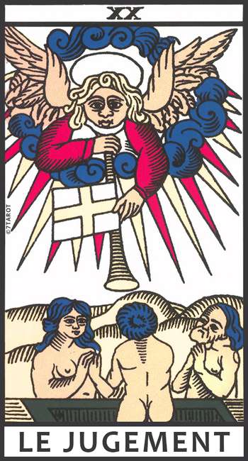 Le Jugement – Révélation et renaissance dans le Tarot de Marseille Carte du Jugement dans le Tarot de Marseille, représentant un ange soufflant dans une trompette au-dessus de personnages ressuscitant, symbole de renouveau et de prise de conscience