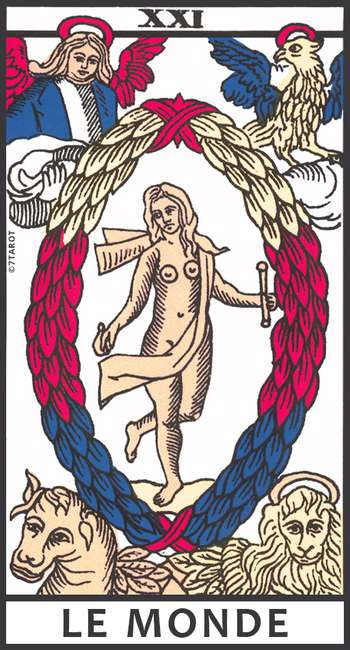 Carte du Monde dans le Tarot de Marseille, montrant une figure centrale entourée d’une couronne de laurier et des quatre symboles évangéliques, symbole de réussite totale et d’harmonie