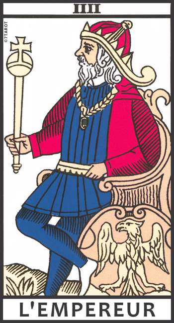 Carte de L’Empereur dans le Tarot de Marseille, assis sur un trône orné d’un aigle, représentant la stabilité dans un tirage en croix