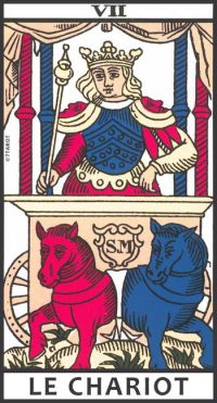 Le Chariot, le septième arcane majeur du Tarot de Marseille, porte le chiffre VII. Symbole de mouvement, de volonté, de détermination, de victoire et de contrôle, il représente un individu maître de son destin, surmontant les obstacles grâce à sa volonté et ses efforts.