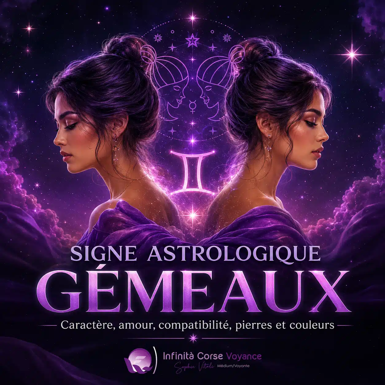Illustration 3D du signe astrologique des Gémeaux avec deux figures jumelles, symbole zodiacal lumineux et univers cosmique violet pour un guide sur le caractère, l’amour, la compatibilité, les pierres et les couleurs.