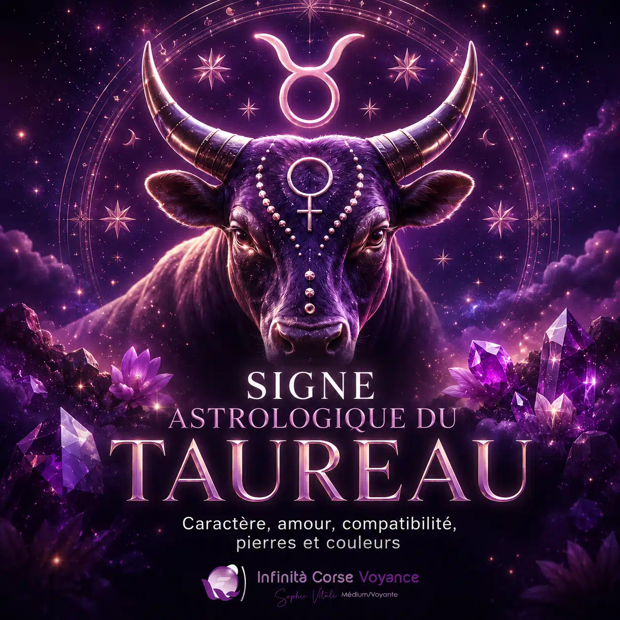 Illustration 3D du signe astrologique du Taureau avec symbole zodiacal, pierres violettes et univers cosmique pour un guide sur son caractère, son amour, sa compatibilité et ses couleurs.