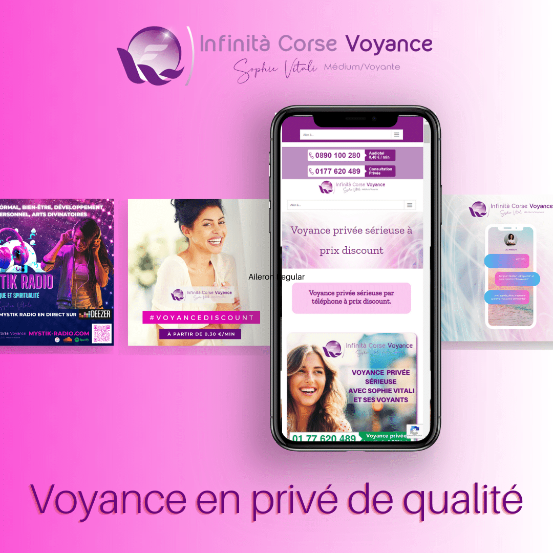 Image promotionnelle du cabinet Infinità Corse Voyance, affichant Sophie Vitali, médium reconnue, et des services de voyance privée par téléphone, audiotel, SMS, mail et chat à prix réduits.