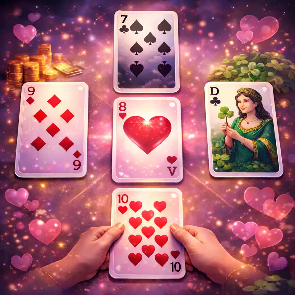 Exemple de tirage en croix du jeu de 32 cartes pour une question amoureuse en cartomancie