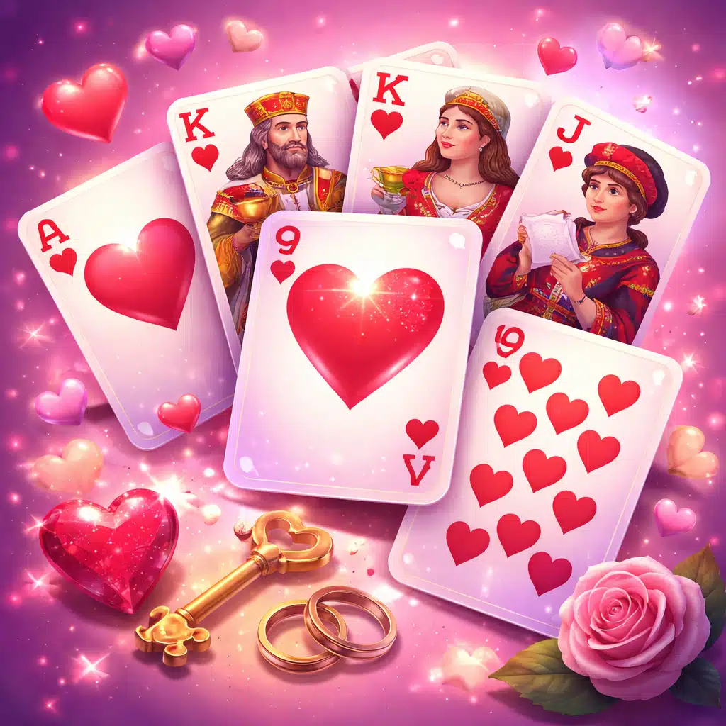 Illustration 3D des cartes de cœur du jeu de 32 cartes en cartomancie avec As, Roi, Dame, Valet et 9 de Cœur