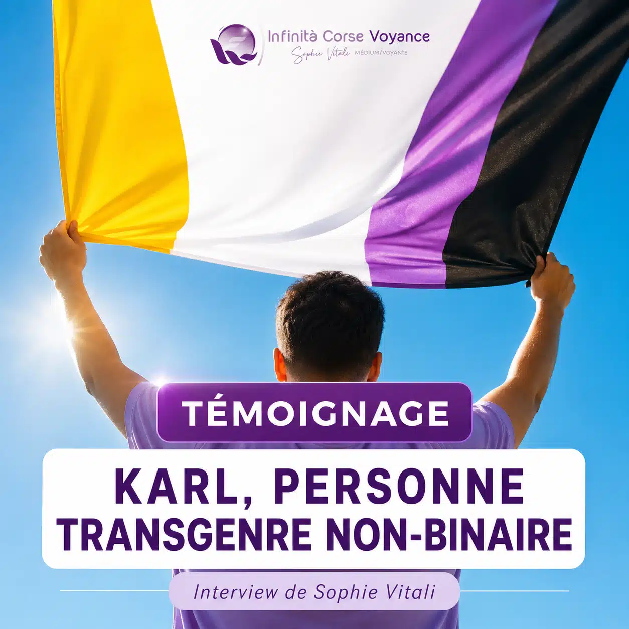 Personne tenant le drapeau non binaire, illustration du témoignage de Karl interviewé par Sophie Vitali