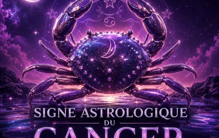 Illustration 3D du signe astrologique du Cancer avec crabe cosmique violet, lune, étoiles et univers astrologique pour un guide sur le caractère, l’amour, la compatibilité, les pierres et les couleurs.