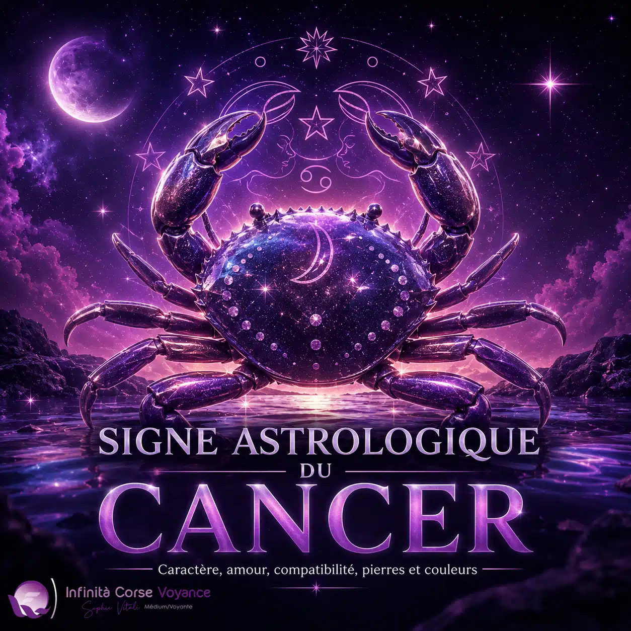 Illustration 3D du signe astrologique du Cancer avec crabe cosmique violet, lune, étoiles et univers astrologique pour un guide sur le caractère, l’amour, la compatibilité, les pierres et les couleurs.
