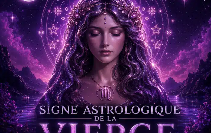 Illustration 3D du signe astrologique de la Vierge avec figure féminine cosmique, symbole zodiacal, étoiles et univers violet pour un guide sur le caractère, l’amour, la compatibilité, les pierres et les couleurs.