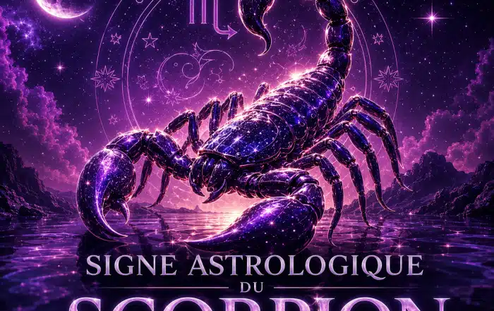 Illustration 3D du signe astrologique du Scorpion avec scorpion cosmique, symbole zodiacal, étoiles et univers violet pour un guide sur le caractère, l’amour, la compatibilité, les pierres et les couleurs.