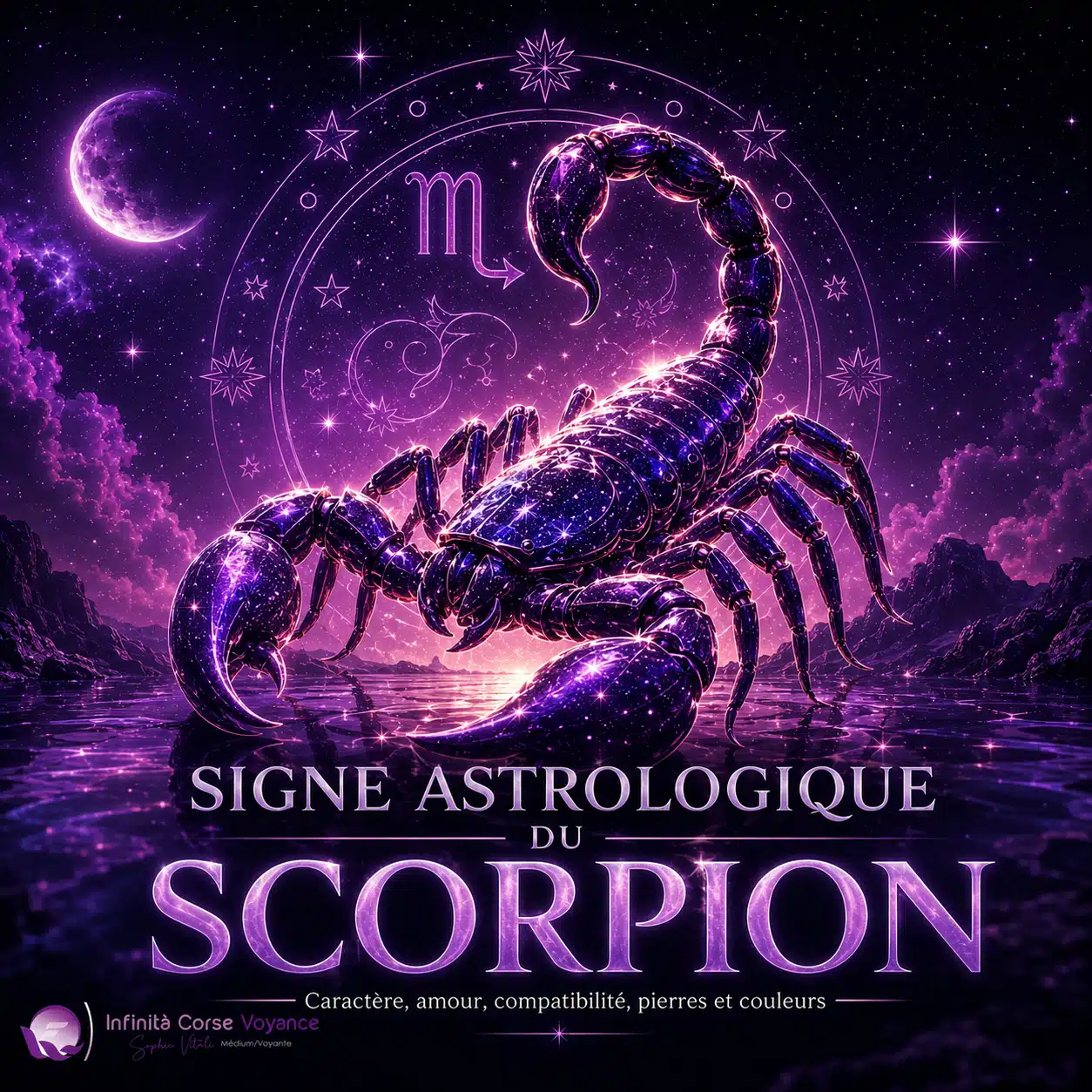 Illustration 3D du signe astrologique du Scorpion avec scorpion cosmique, symbole zodiacal, étoiles et univers violet pour un guide sur le caractère, l’amour, la compatibilité, les pierres et les couleurs.
