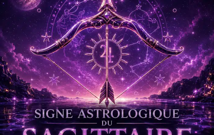 Illustration 3D du signe astrologique du Sagittaire avec arc cosmique, flèche, symbole de Jupiter, étoiles et univers violet pour un guide sur le caractère, l’amour, la compatibilité, les pierres et les couleurs.