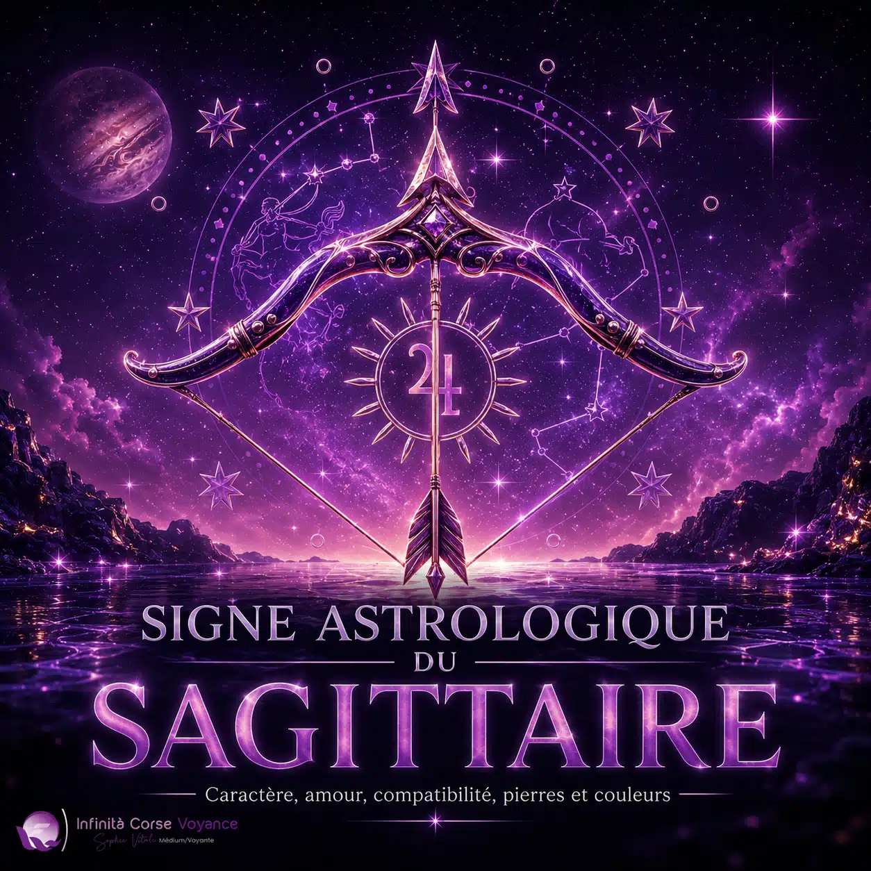 Illustration 3D du signe astrologique du Sagittaire avec arc cosmique, flèche, symbole de Jupiter, étoiles et univers violet pour un guide sur le caractère, l’amour, la compatibilité, les pierres et les couleurs.