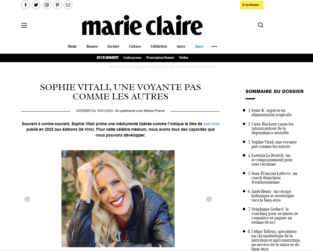Sophie Vitali, une voyante pas comme les autres selon Marie Claire Magazine