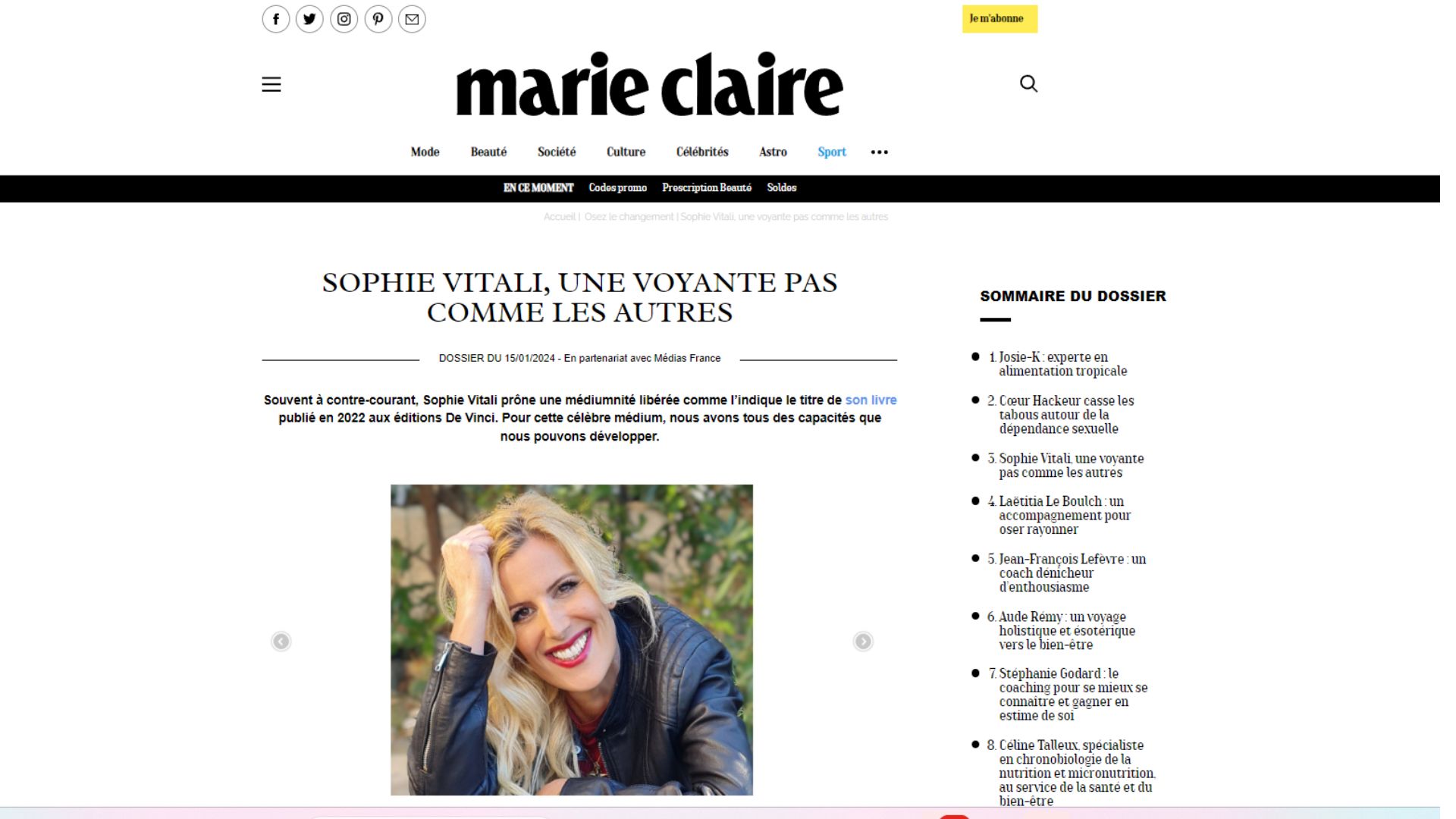 Sophie vitali médium, auteure et animatrice radio en interview dans le magazine Marie Claire
