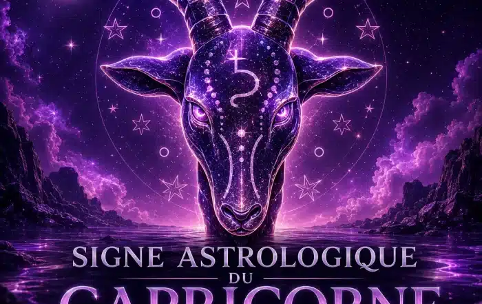Illustration 3D du signe astrologique du Capricorne avec tête de bouc cosmique, symbole de Saturne, étoiles et univers violet pour un guide sur le caractère, l’amour, la compatibilité, les pierres et les couleurs.