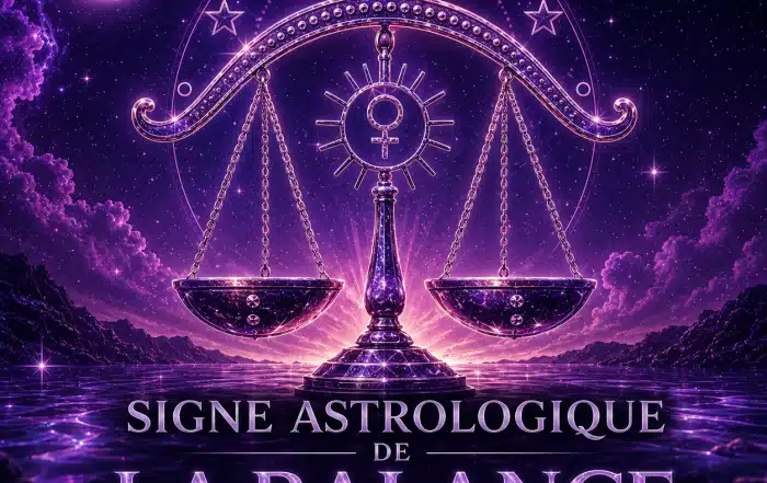 Illustration 3D du signe astrologique de la Balance avec balance cosmique, symbole de Vénus, étoiles et univers violet pour un guide sur le caractère, l’amour, la compatibilité, les pierres et les couleurs.