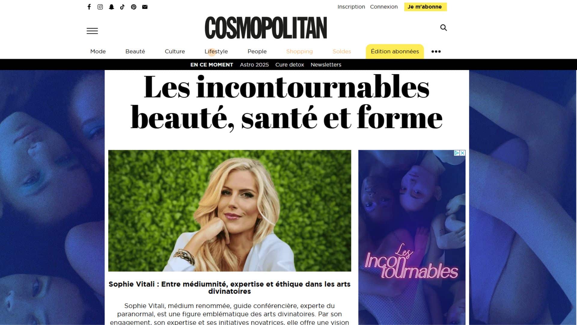 Sophie Vitali, célèbre médium et experte du paranormal, mise à l’honneur dans le magazine Cosmopolitan.