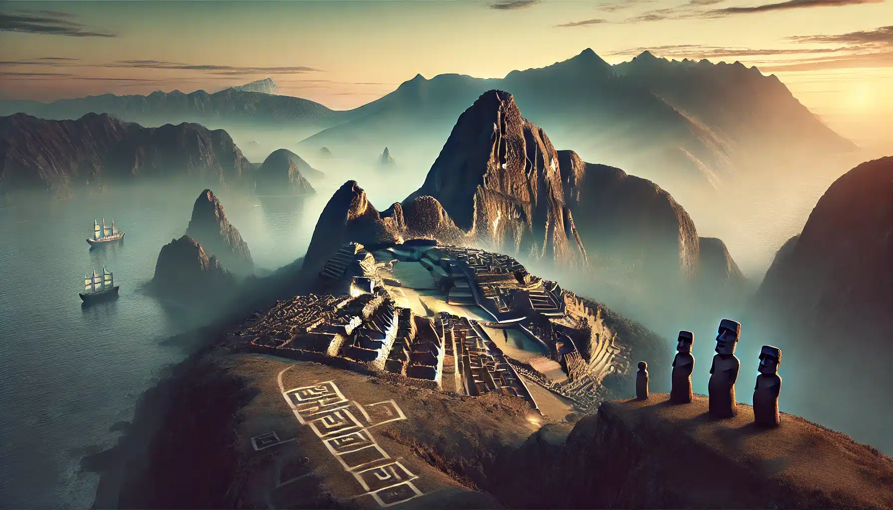 Nazca, Machu Picchu et Île de Pâques réunis dans une image immersive Image réaliste combinant les géoglyphes de Nazca vus du ciel, les ruines majestueuses de Machu Picchu dans les montagnes andines et les Moaïs imposants de l’Île de Pâques face à l’océan au coucher du soleil.