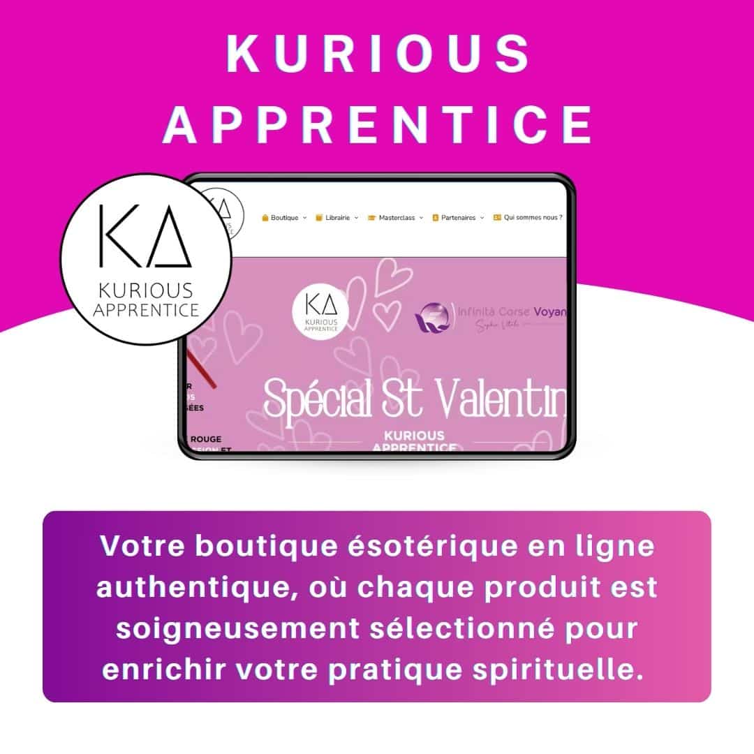 Image promotionnelle de Kurious Apprentice, boutique ésotérique en ligne proposant des produits de lithothérapie, tarots, encens, rituels magiques et outils de divination, en partenariat avec la sélection ésotérique de la médium Sophie Vitali.